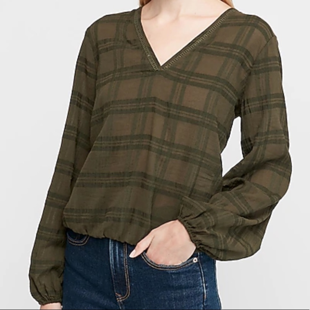 Express Plaid V Neck Banded Bottom Long Sleeve XS